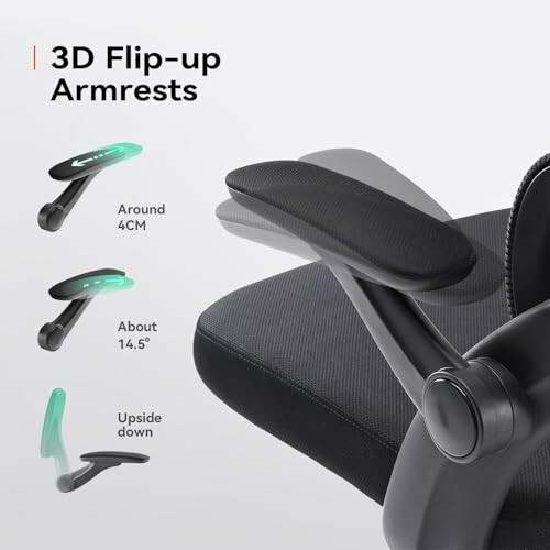 Office chair with 3D flip-up armrests demonstrating adjustability.
