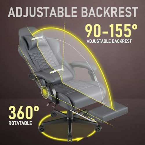 Gaming chair with adjustable backrest and 360-degree rotation.