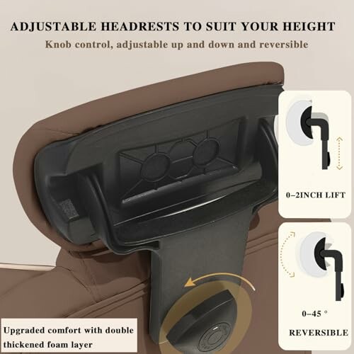 Adjustable headrest with knob control for height and tilt.