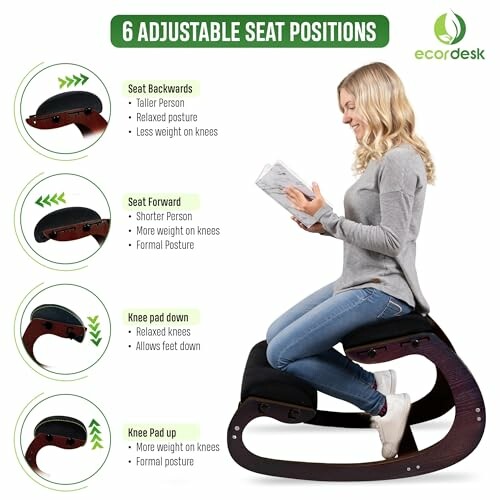 Woman sitting on an ergonomic kneeling chair with adjustable positions.