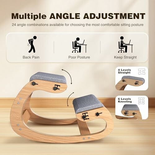 Adjustable kneeling chair with multiple angle options for comfort and posture support.