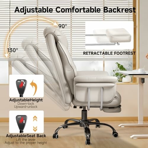 Office chair with adjustable backrest and retractable footrest.
