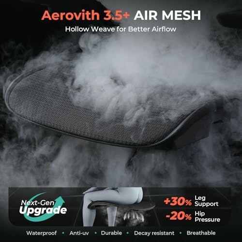 Aerovith 3.5+ air mesh seat with smoke, highlighting airflow and support features.