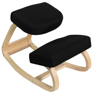 Black ergonomic kneeling chair with wooden frame.