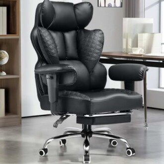 Ergonomic black leather office chair with armrests and wheels.