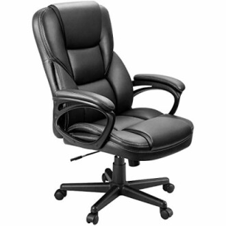 Black leather office chair with armrests and wheels