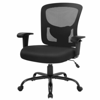 Black mesh office chair with armrests and caster wheels