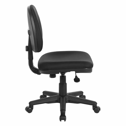 Side view of a black office chair with wheels.