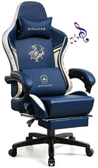 Blue gaming chair with footrest and pillow.