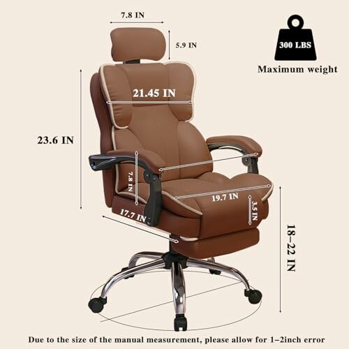 Brown ergonomic office chair with detailed dimensions.