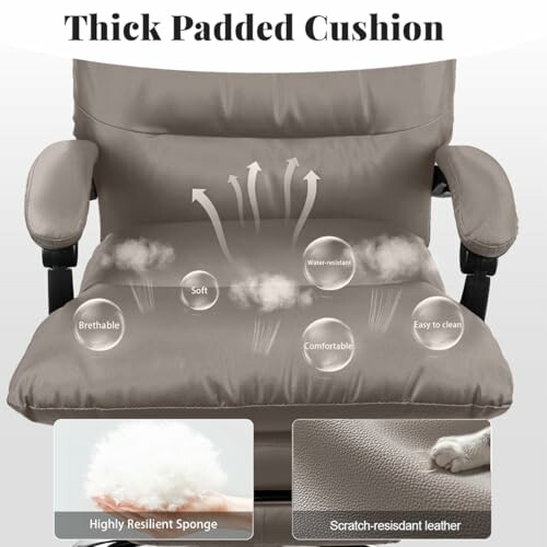 Office chair with thick padded cushion, highlighting features like breathable, soft, comfortable, water-resistant.