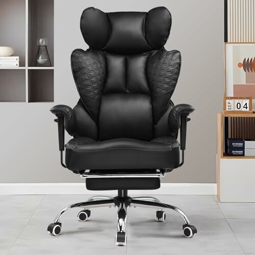 Ergonomic black office chair with headrest and armrests.