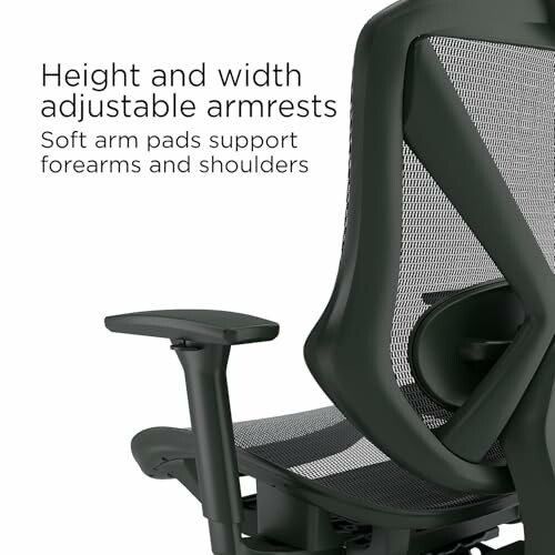 Ergonomic chair with height and width adjustable armrests and soft arm pads.