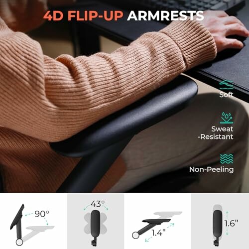Ergonomic chair with 4D flip-up armrests highlighting soft, sweat-resistant, non-peeling features.