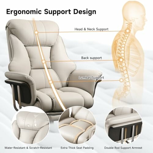 Ergonomic chair with head, neck, back, and lumbar support features.