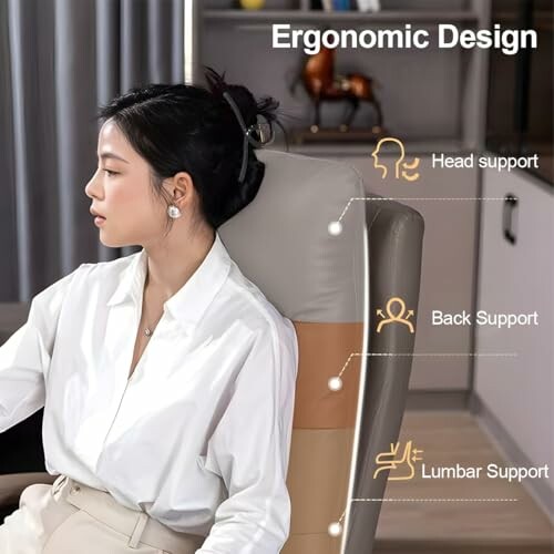 Woman sitting in ergonomic chair with head, back, and lumbar support.