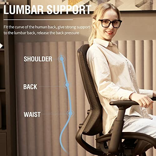 Person sitting on an ergonomic chair with lumbar support diagram.