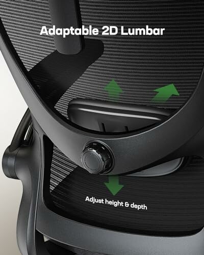 Chair with adaptable 2D lumbar support and adjustment feature.