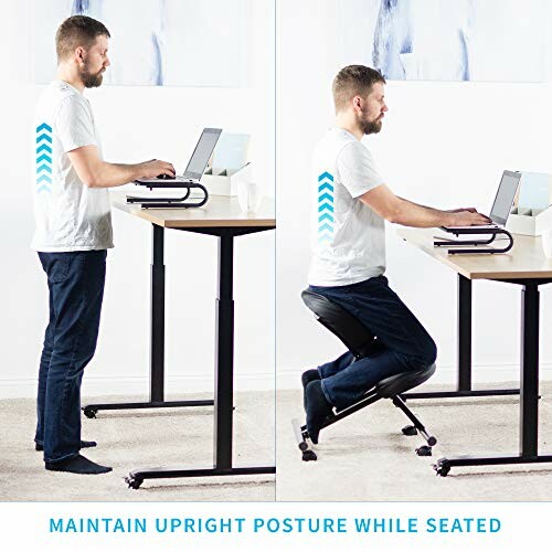 Man demonstrating ergonomic posture at a standing desk and kneeling chair.