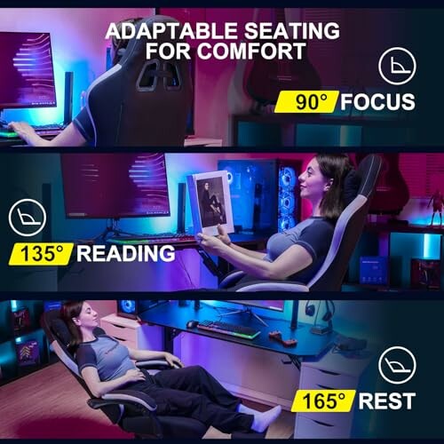 Person using ergonomic gaming chair in different reclining positions for comfort.