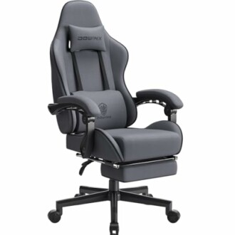 Gray ergonomic gaming chair with headrest and armrests.