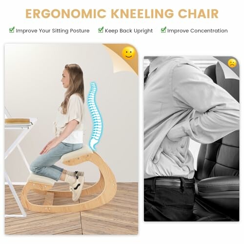 Person sitting on ergonomic kneeling chair with benefits highlighted.