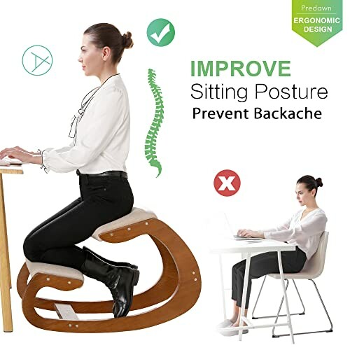 Woman using ergonomic kneeling chair to improve posture and prevent backache.