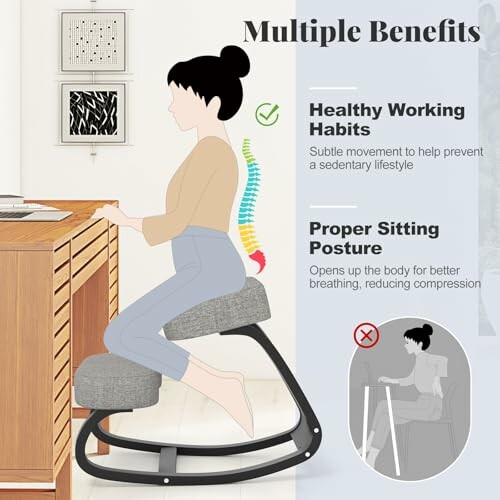 Illustration of a person using an ergonomic kneeling chair with benefits listed.