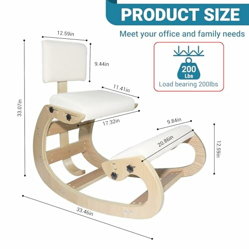 Diagram showing the dimensions of an ergonomic kneeling chair with a 200 lbs load capacity.