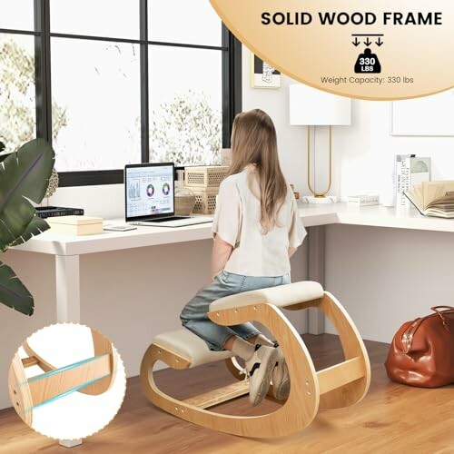 Person using ergonomic kneeling chair at home office desk with computer.