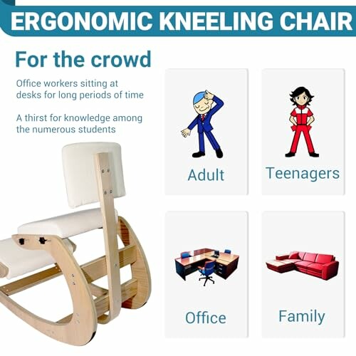 Infographic about ergonomic kneeling chair benefits for adults, teenagers, office, and family.