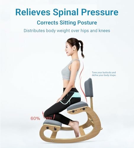 Woman demonstrating ergonomic kneeling chair for better posture.