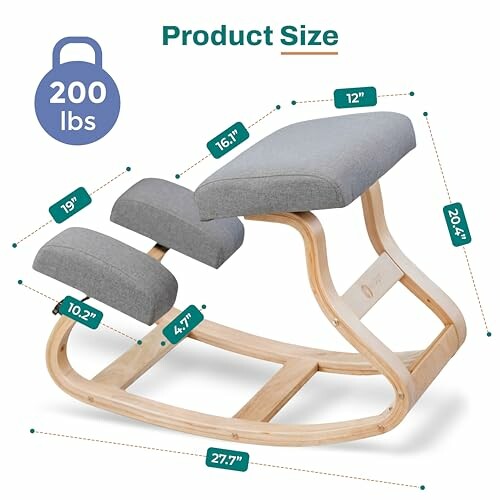 Ergonomic kneeling chair with dimensions and weight capacity.