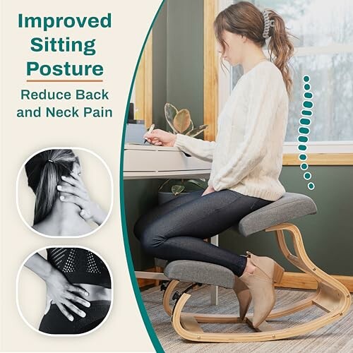 Woman using ergonomic kneeling chair to improve posture and reduce pain.