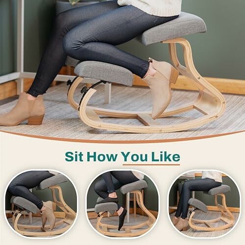Person sitting on an ergonomic kneeling chair with wooden frame and gray cushion.