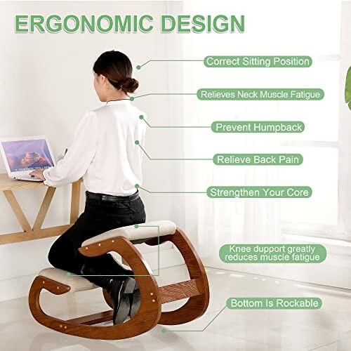 Person sitting on an ergonomic kneeling chair with benefits highlighted.