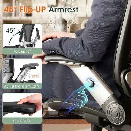 Ergonomic office chair with adjustable flip-up armrest.