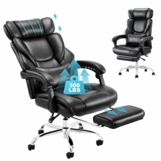 Black ergonomic office chair with adjustable features and footrest.