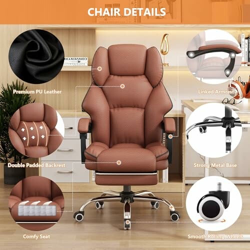 Ergonomic office chair with PU leather, padded backrest, comfy seat, linked armrests, strong metal base, and smooth rolling wheels.