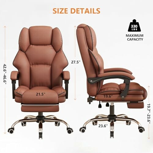 Ergonomic office chair with size details and 330 lbs capacity.