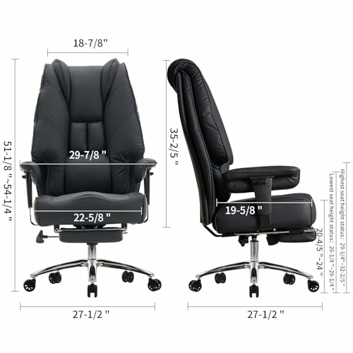 Ergonomic office chair with dimensions and measurements.