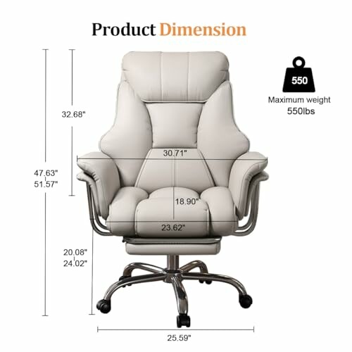 Ergonomic office chair with dimensions and weight capacity.