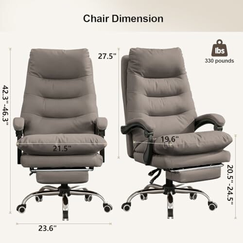 Dimensions of ergonomic office chair with measurements in inches.