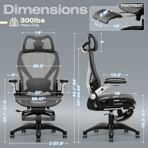 Ergonomic office chair with detailed dimensions and weight capacity.