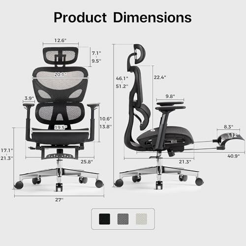 Dimensions of an ergonomic office chair with adjustable features.