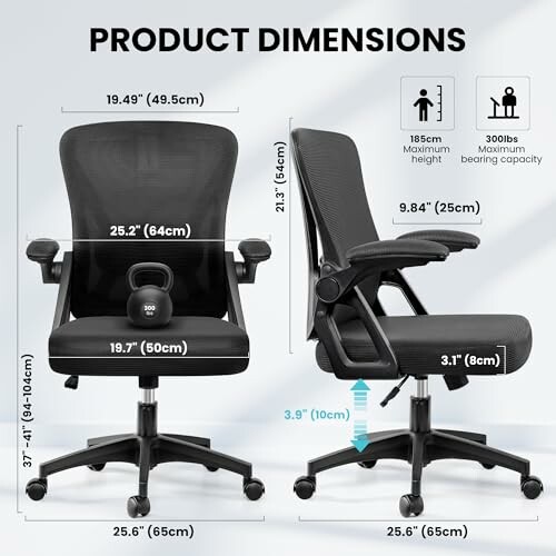 Ergonomic office chair with dimensions and features displayed.
