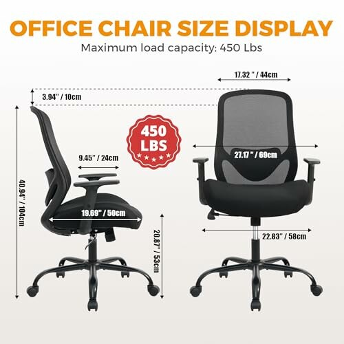 Ergonomic office chair with size and weight capacity details, 450 lbs maximum load.