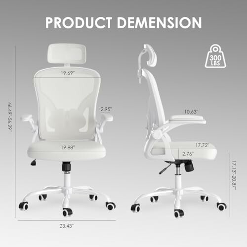Ergonomic office chair with detailed dimensions and weight capacity.