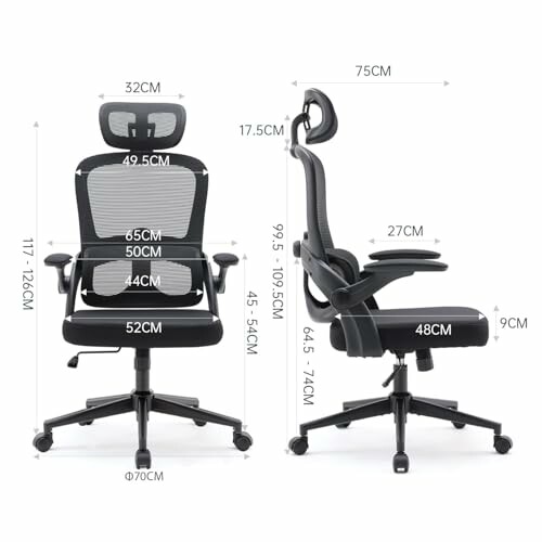 Ergonomic office chair with dimensions from front and side views.