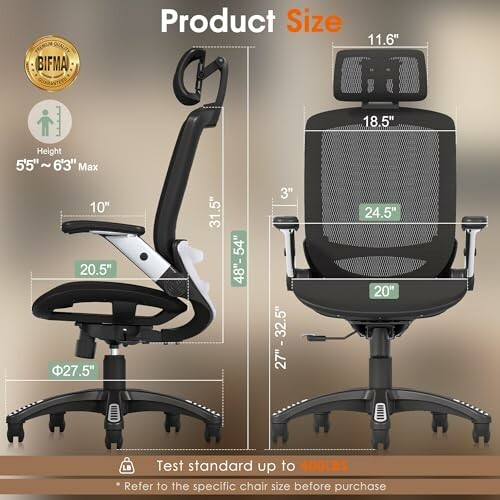 Ergonomic office chair with adjustable features and dimensions.